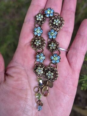 Kirks Folly Blue Green Austrian Crystal Flower Panel Book Chain Bracelet